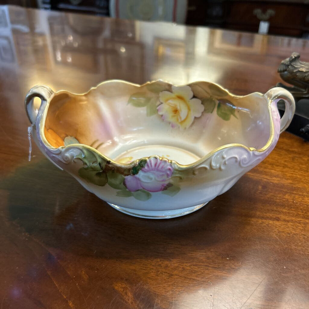 Antique Nippon Hand Painted, 2 Handle Serving Bowl with Floral Design and Gold Detail. *as is*