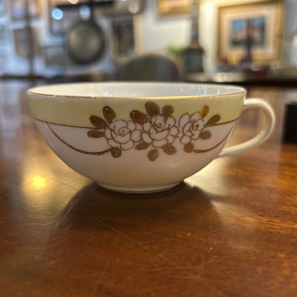 Nippon Single Teacup, Yellow Border with Gold Flowers.
