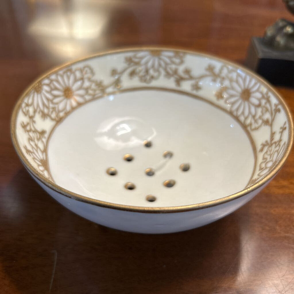 Nippon Hand Painted Footed Berry Bowl Strainer with Gold Floral Detail.