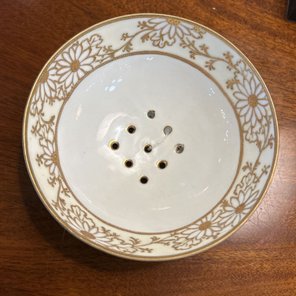 Nippon Hand Painted Footed Berry Bowl Strainer with Gold Floral Detail.