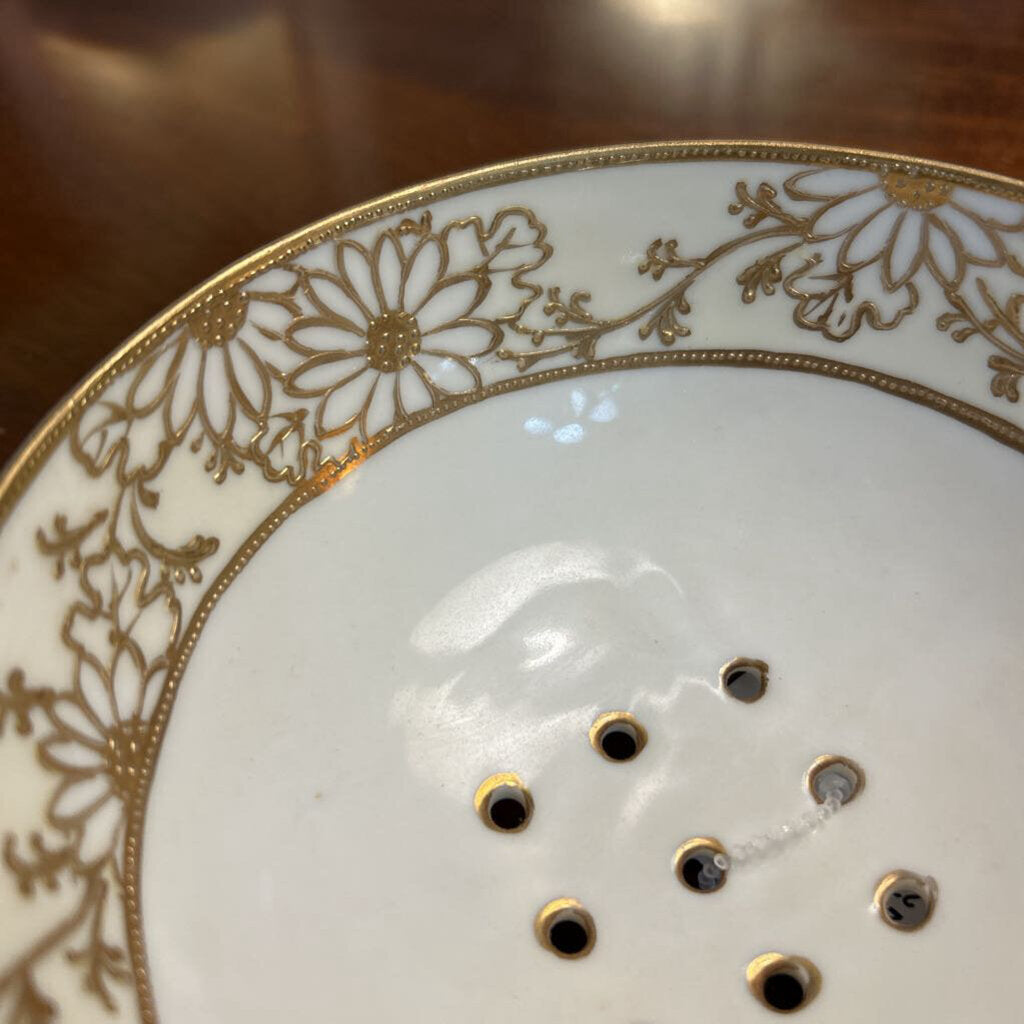 Nippon Hand Painted Footed Berry Bowl Strainer with Gold Floral Detail.