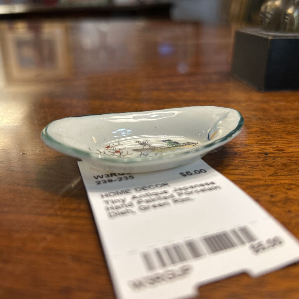 Tiny Antique Japanese Hand Painted Porcelain Dish, Green Rim.