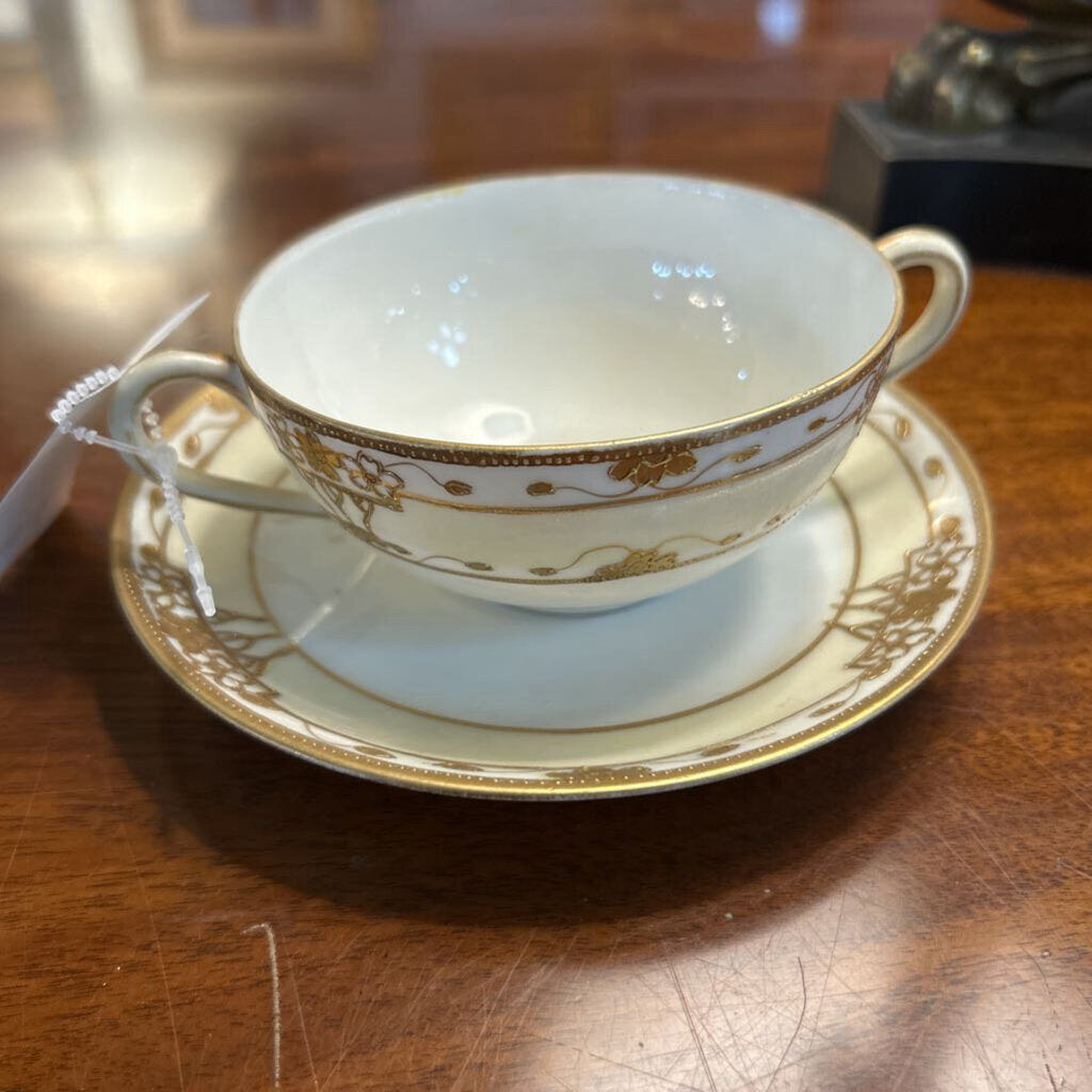 Antique Nippon,Double Handle Cup/Saucer Yellow Gold Floral Detail