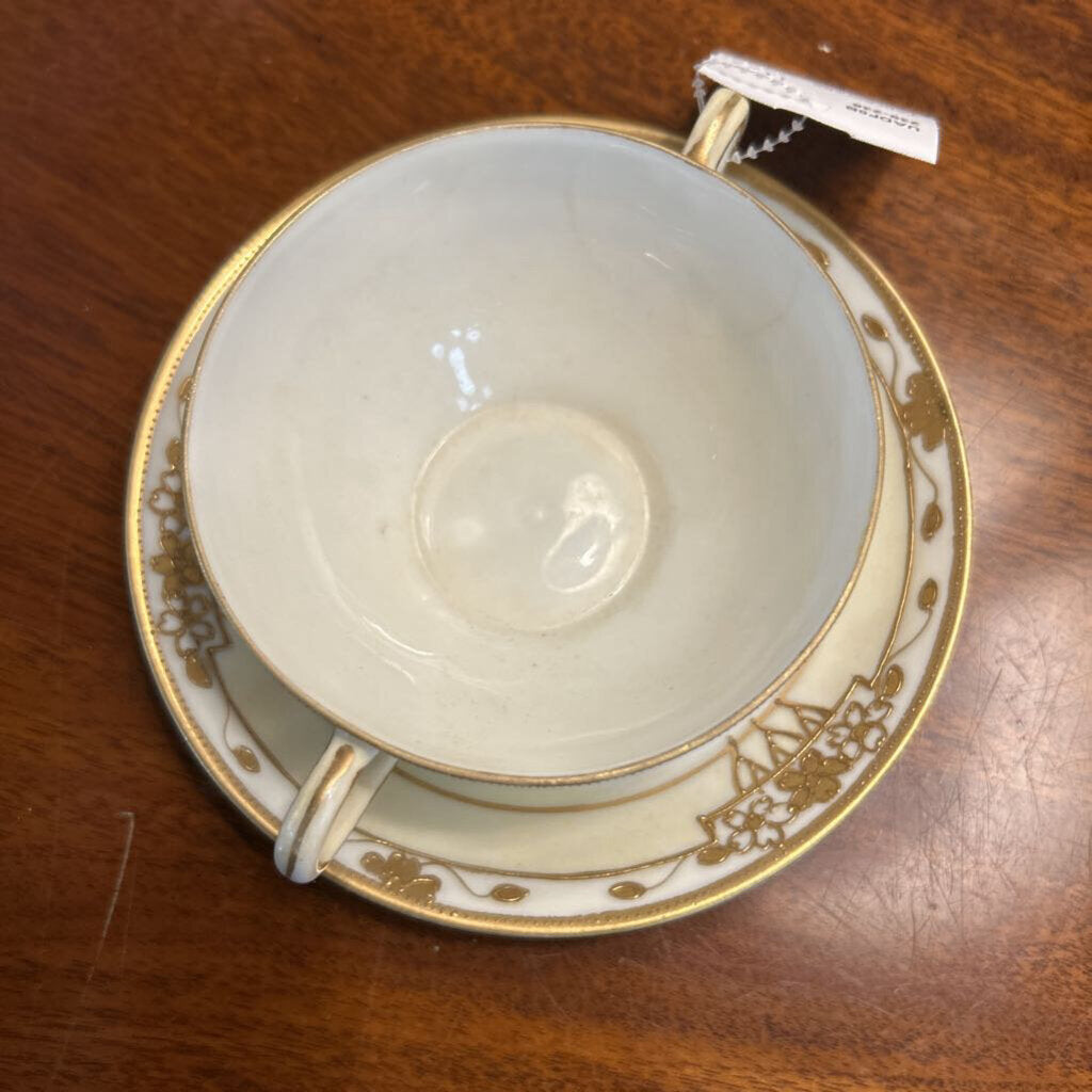 Antique Nippon,Double Handle Cup/Saucer Yellow Gold Floral Detail
