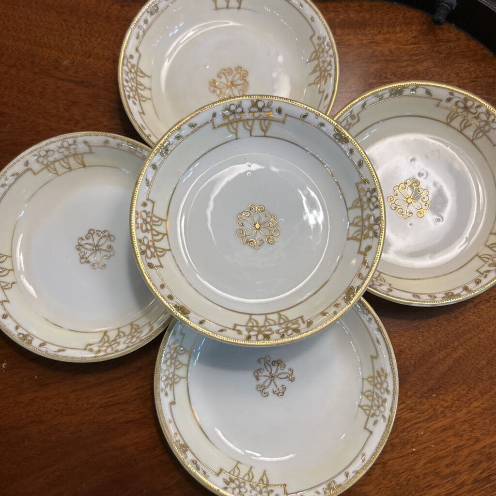 Antique Nippon set 5 Berry Bowls 5" Gold Floral Detail.
