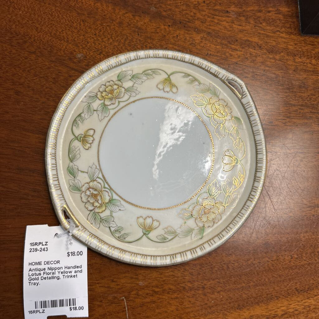 Antique Nippon Handled Lotus Floral Yellow and Gold Detailing, Trinket Tray.