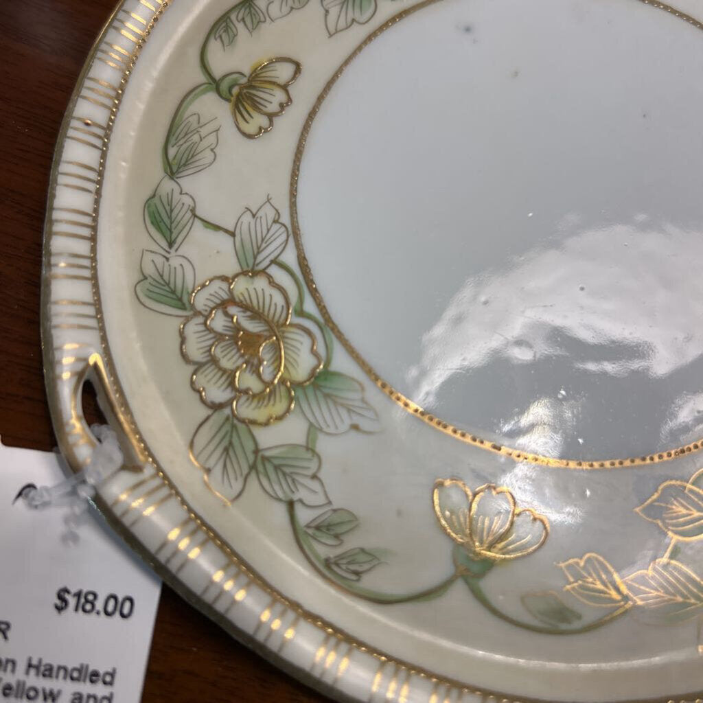 Antique Nippon Handled Lotus Floral Yellow and Gold Detailing, Trinket Tray.