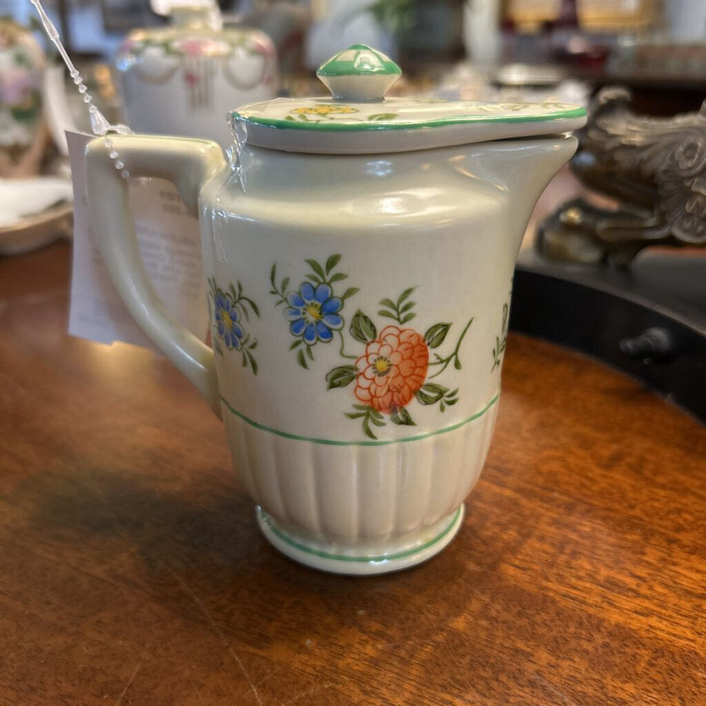 Vintage Made in Japan Lidded Cream Pitcher / Hot Milk Server 1940s-60s, Floral Green Trim 4.25"