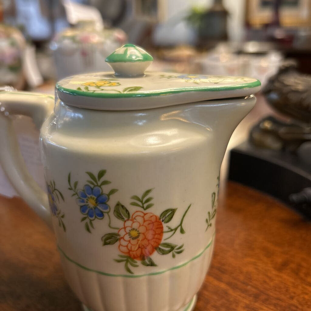 Vintage Made in Japan Lidded Cream Pitcher / Hot Milk Server 1940s-60s, Floral Green Trim 4.25"