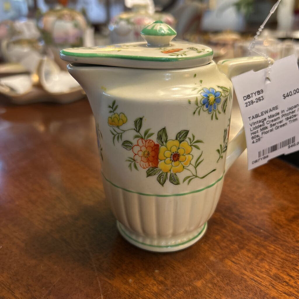 Vintage Made in Japan Lidded Cream Pitcher / Hot Milk Server 1940s-60s, Floral Green Trim 4.25"