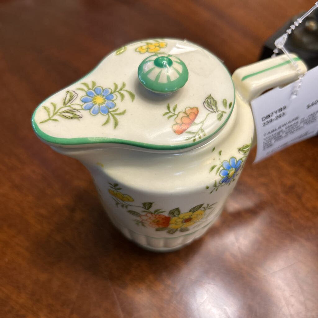 Vintage Made in Japan Lidded Cream Pitcher / Hot Milk Server 1940s-60s, Floral Green Trim 4.25"
