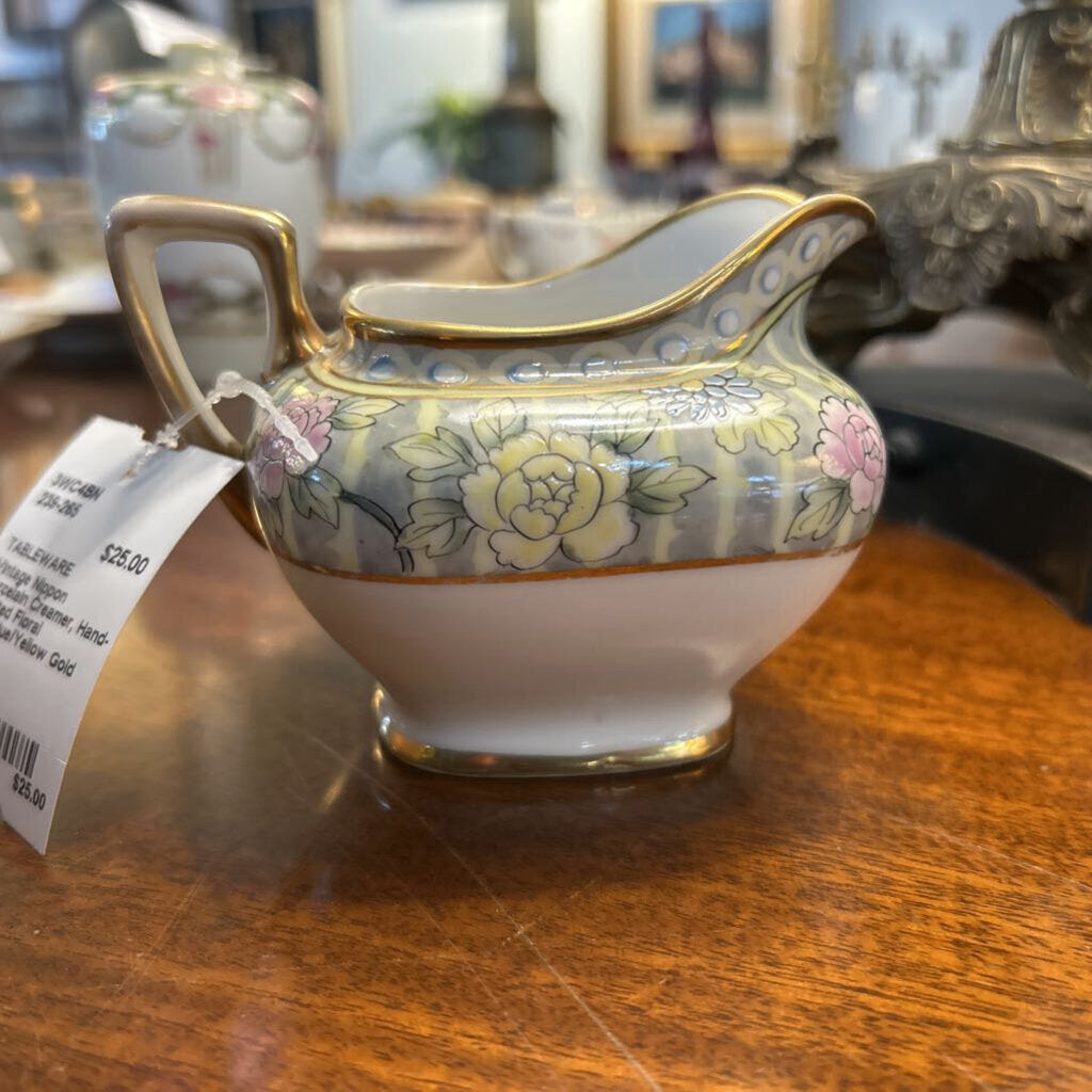 Vintage Nippon Porcelain Creamer, Hand-Painted Floral Pink/Blue/Yellow Gold Trim.