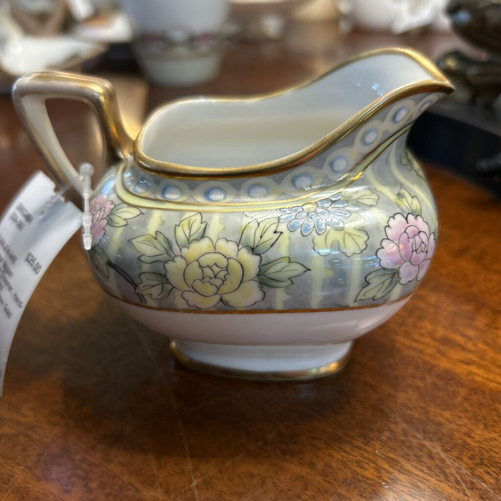 Vintage Nippon Porcelain Creamer, Hand-Painted Floral Pink/Blue/Yellow Gold Trim.