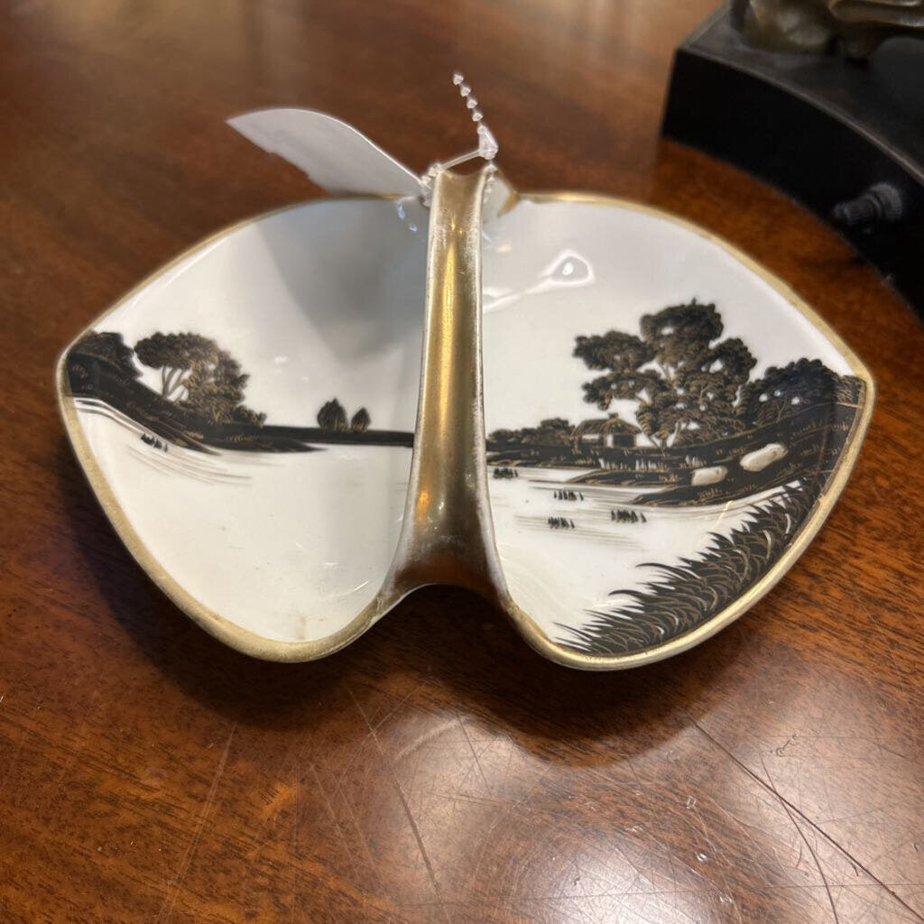Vintage Nippon Handled Dish, Black and Gold Silhouette Landscape Design, Gold Trim.
