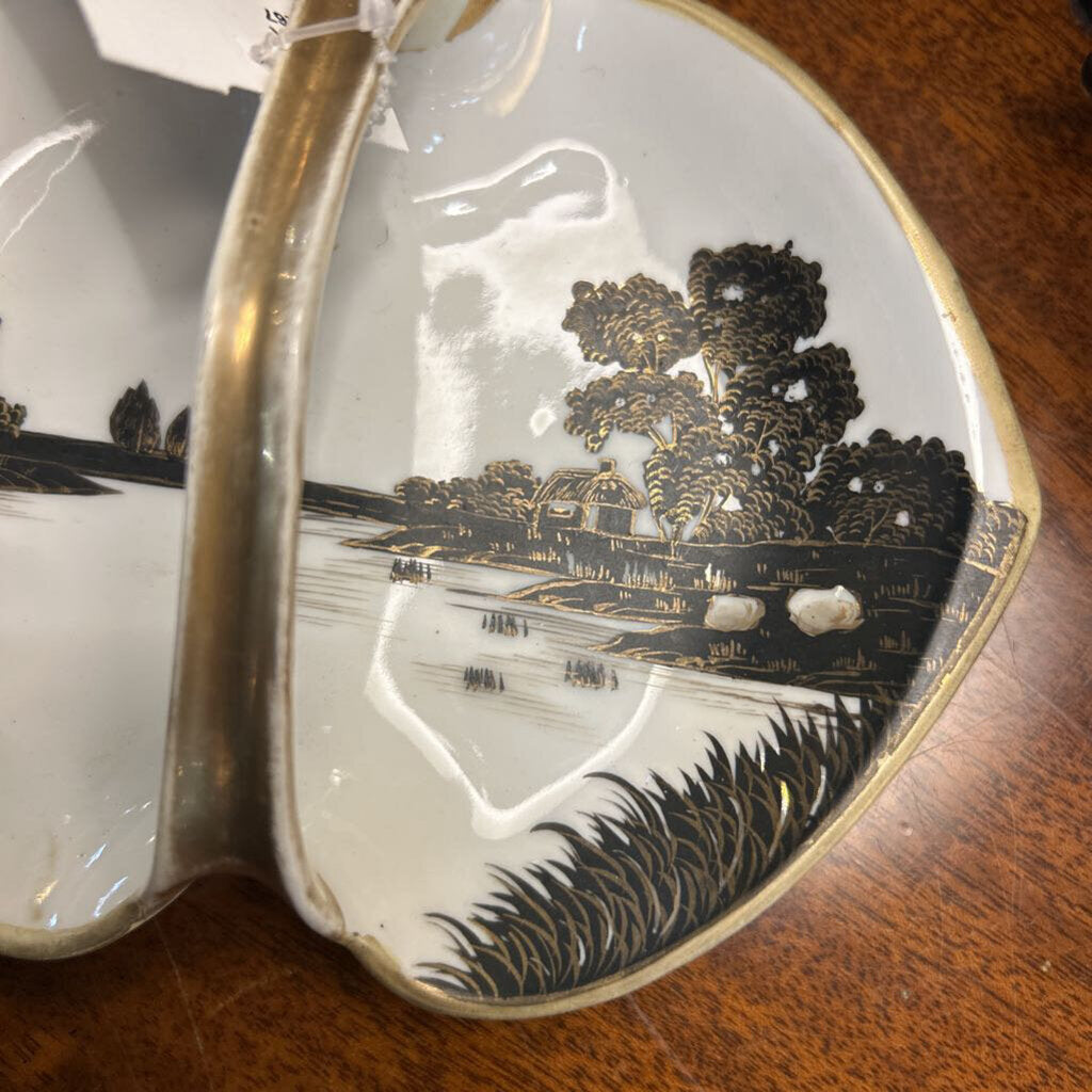 Vintage Nippon Handled Dish, Black and Gold Silhouette Landscape Design, Gold Trim.
