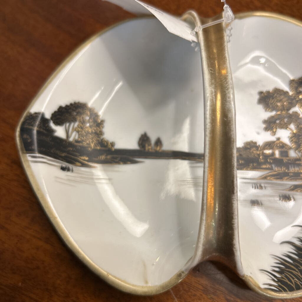 Vintage Nippon Handled Dish, Black and Gold Silhouette Landscape Design, Gold Trim.