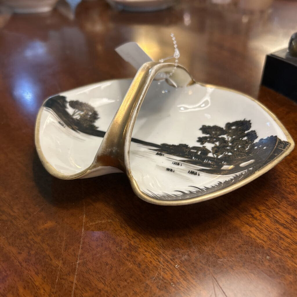 Vintage Nippon Handled Dish, Black and Gold Silhouette Landscape Design, Gold Trim.