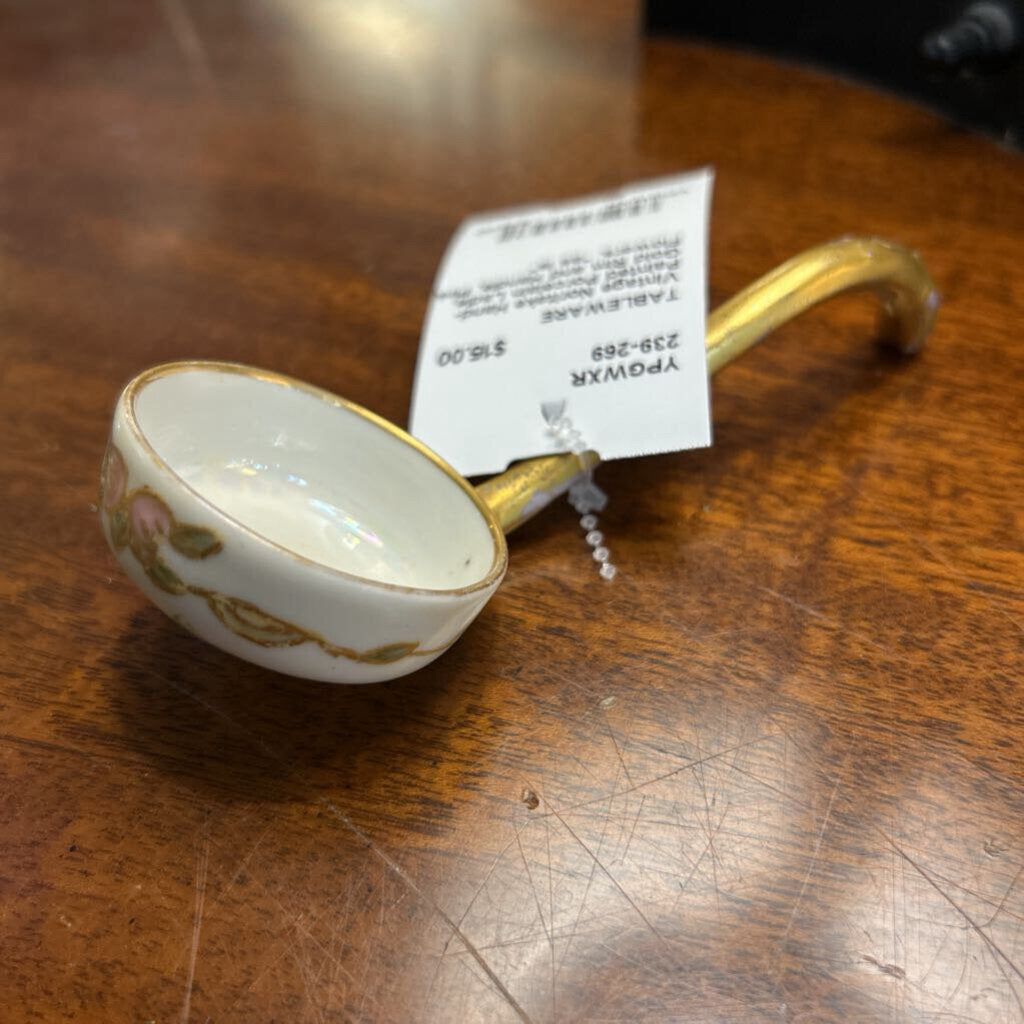 Vintage Noritake Hand-Painted Porcelain Ladle, Gold Rim and Handle, Pink Flowers. *as is*