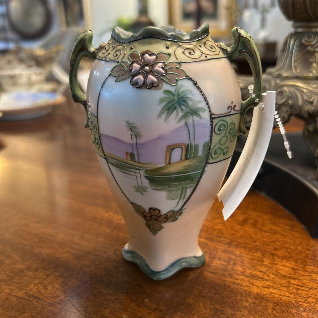 Antique Art Nouveau Nippon Morimura Miniature double-handed vase, 1911-1921 Hand-Painted Desert Oasis Scene, 5.25"