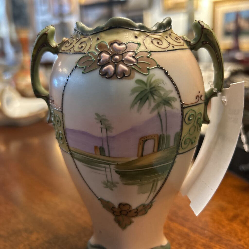 Antique Art Nouveau Nippon Morimura Miniature double-handed vase, 1911-1921 Hand-Painted Desert Oasis Scene, 5.25"