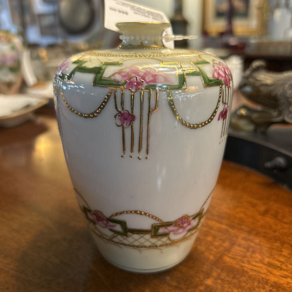 Antique Nippon Porcelain Vase Hand-Painted Pink Floral Motifs with Gold/Green Accents, 5.5"