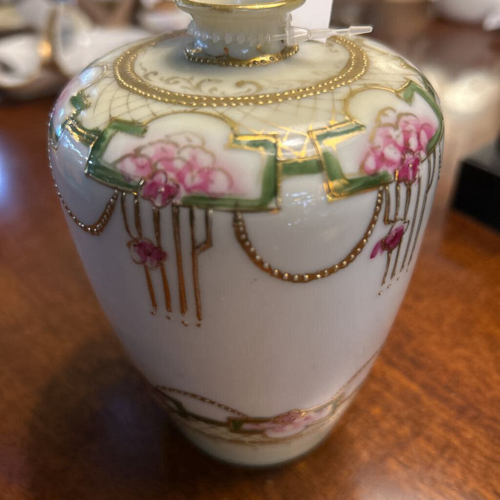 Antique Nippon Porcelain Vase Hand-Painted Pink Floral Motifs with Gold/Green Accents, 5.5"