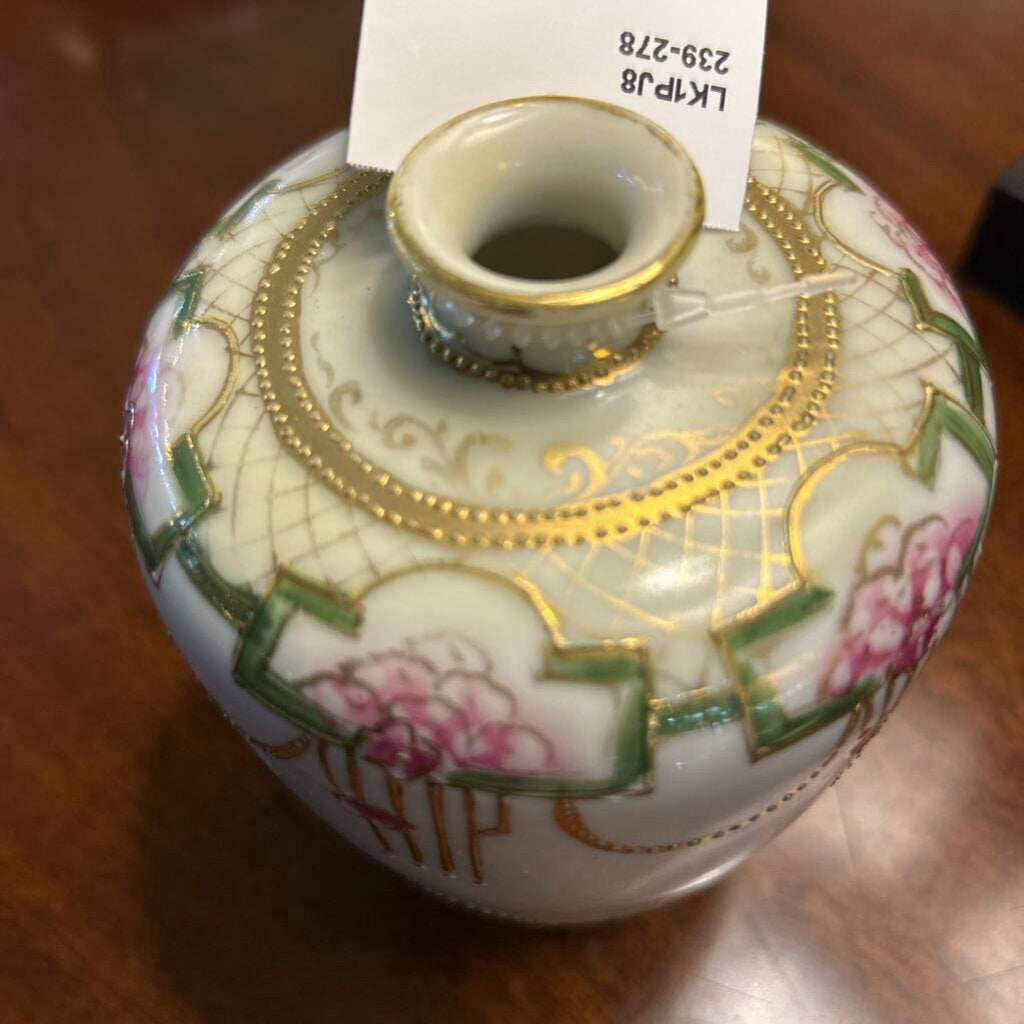 Antique Nippon Porcelain Vase Hand-Painted Pink Floral Motifs with Gold/Green Accents, 5.5"