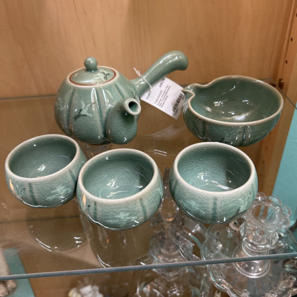 Korean Celadon Tea Set, Cranes/Bamboo, Green Glaze.