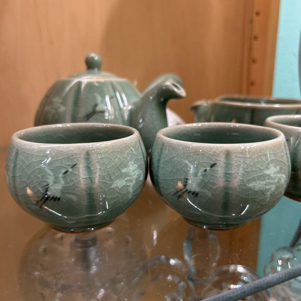 Korean Celadon Tea Set, Cranes/Bamboo, Green Glaze.
