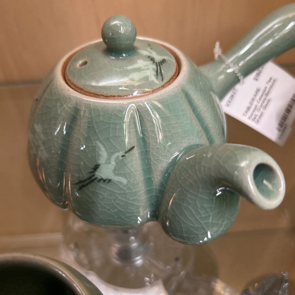 Korean Celadon Tea Set, Cranes/Bamboo, Green Glaze.