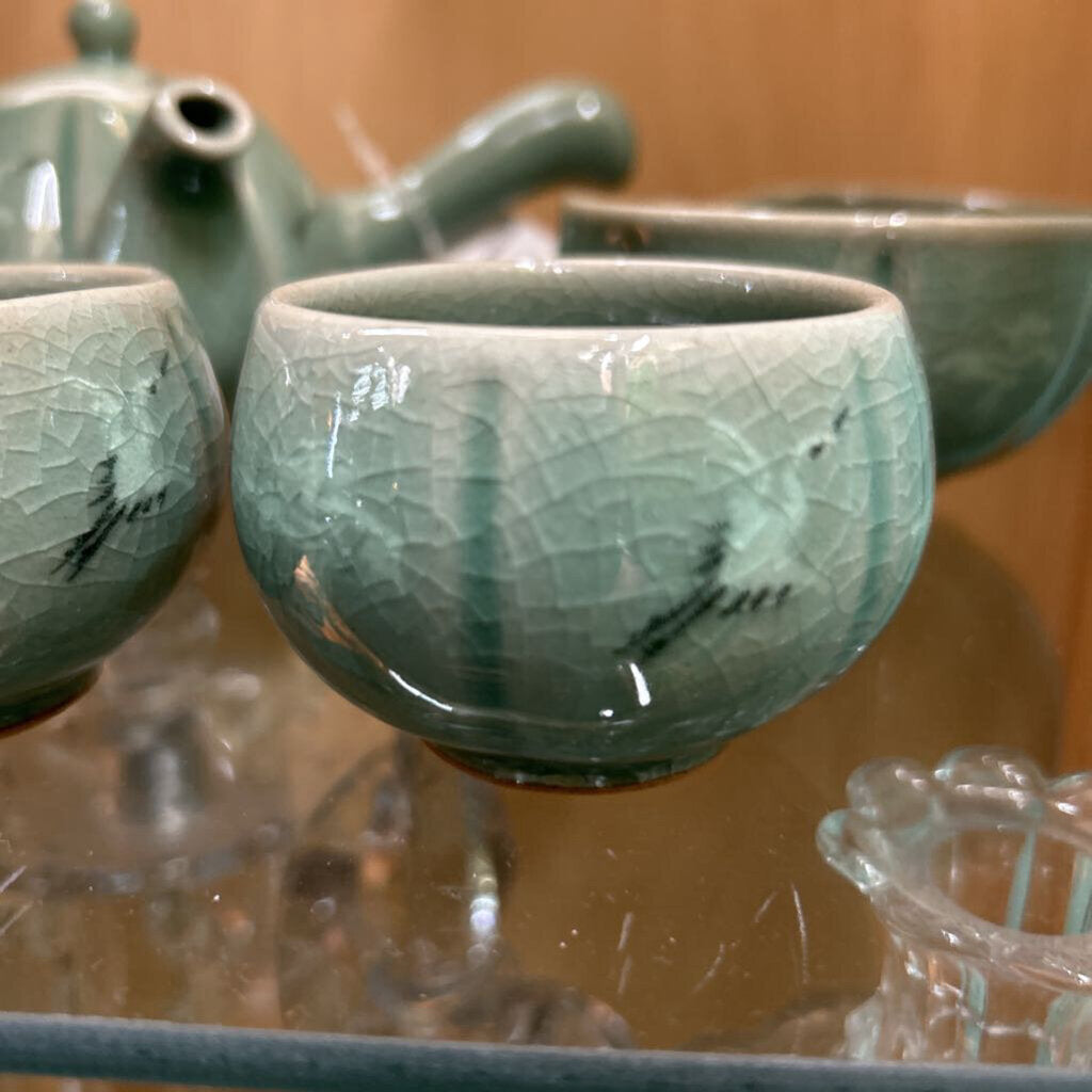 Korean Celadon Tea Set, Cranes/Bamboo, Green Glaze.