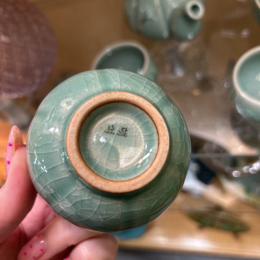 Korean Celadon Tea Set, Cranes/Bamboo, Green Glaze.