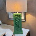 Mid Century Lamp, Carved Wood, Hand-Made, Green.