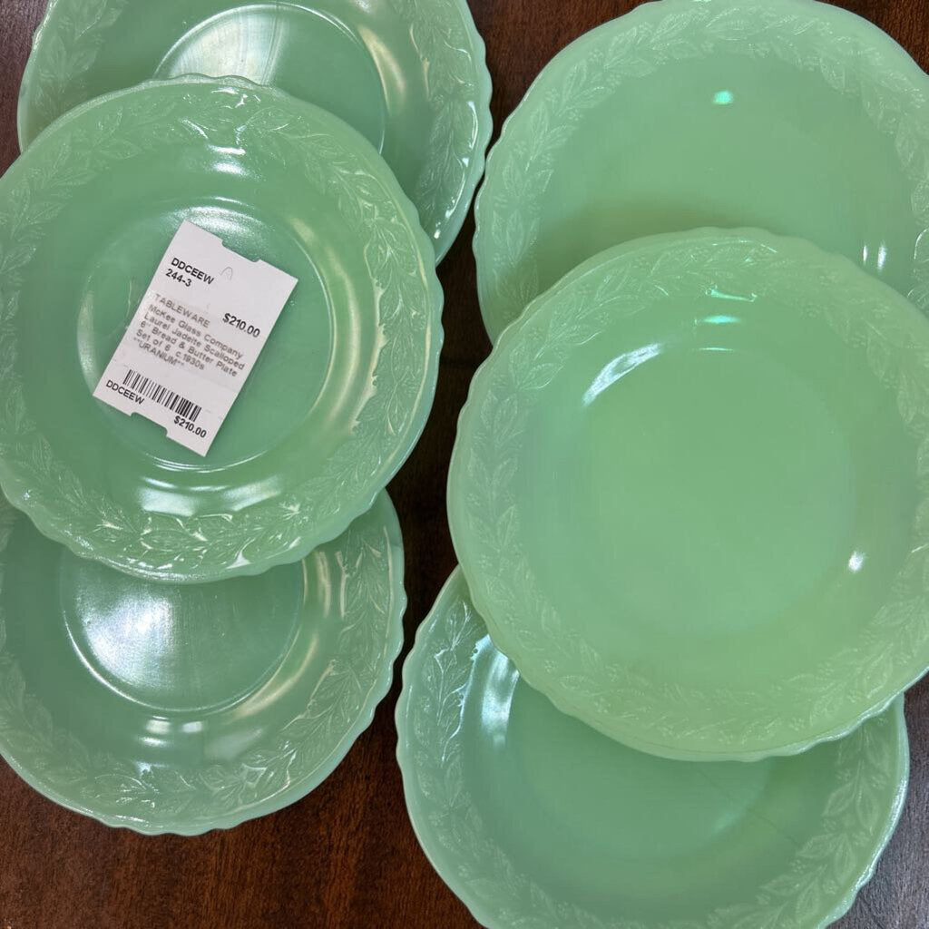 McKee Glass Company Laurel Jadeite Scalloped 6" Bread & Butter Plate Set of 6 c.1930s **URANIUM**