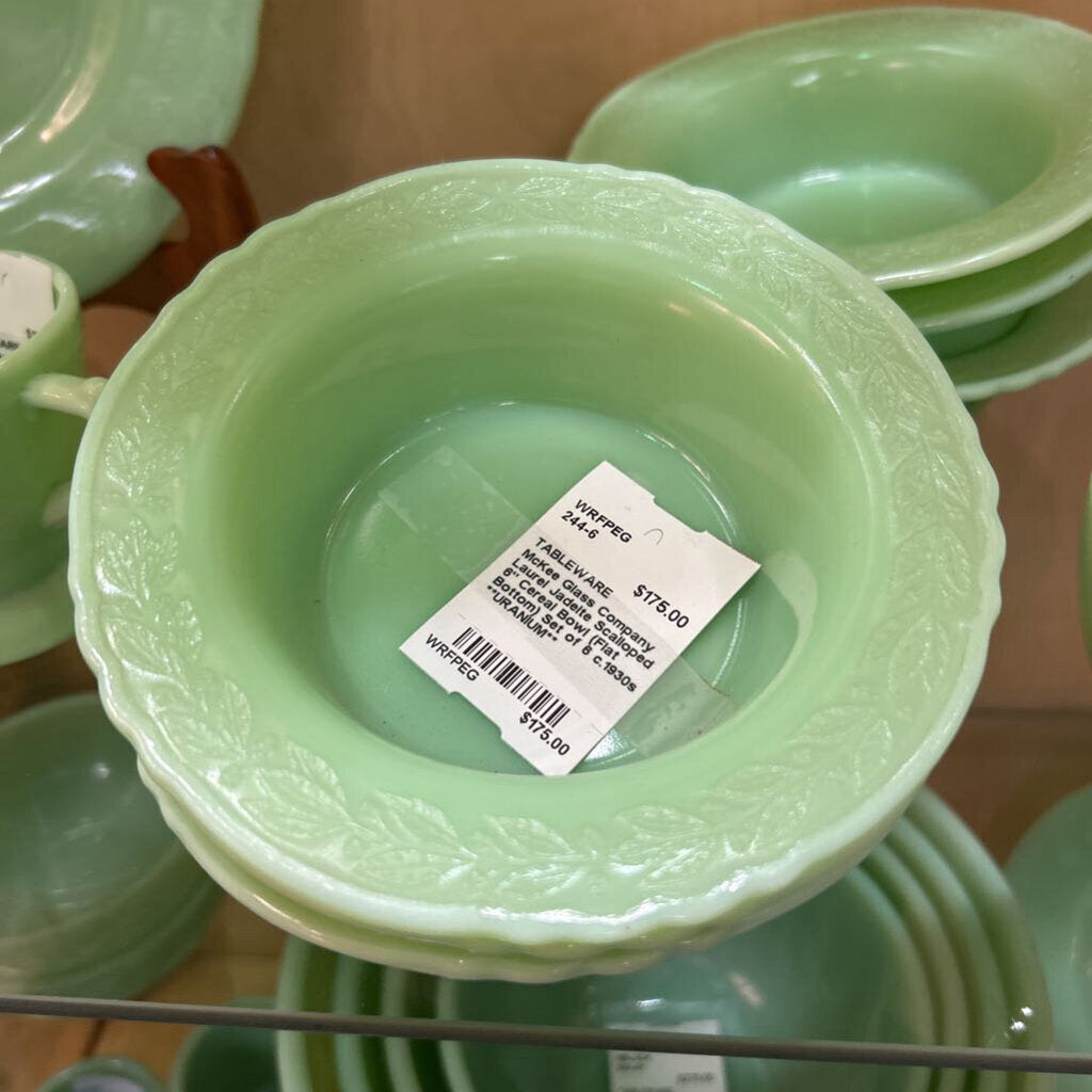 McKee Glass Company Laurel Jadeite Scalloped 6" Cereal Bowl (Flat Bottom) Set of 6 c.1930s **URANIUM**