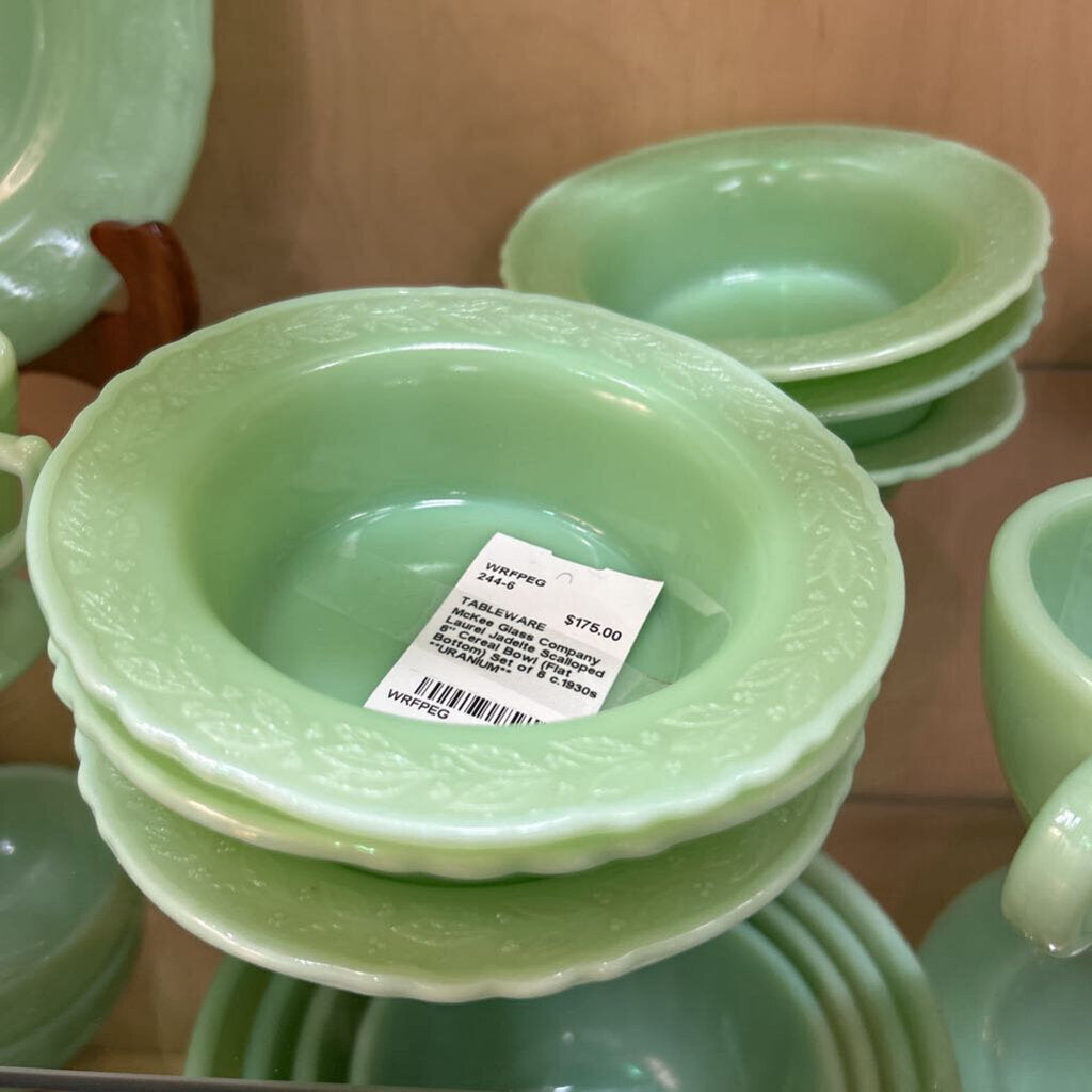 McKee Glass Company Laurel Jadeite Scalloped 6" Cereal Bowl (Flat Bottom) Set of 6 c.1930s **URANIUM**