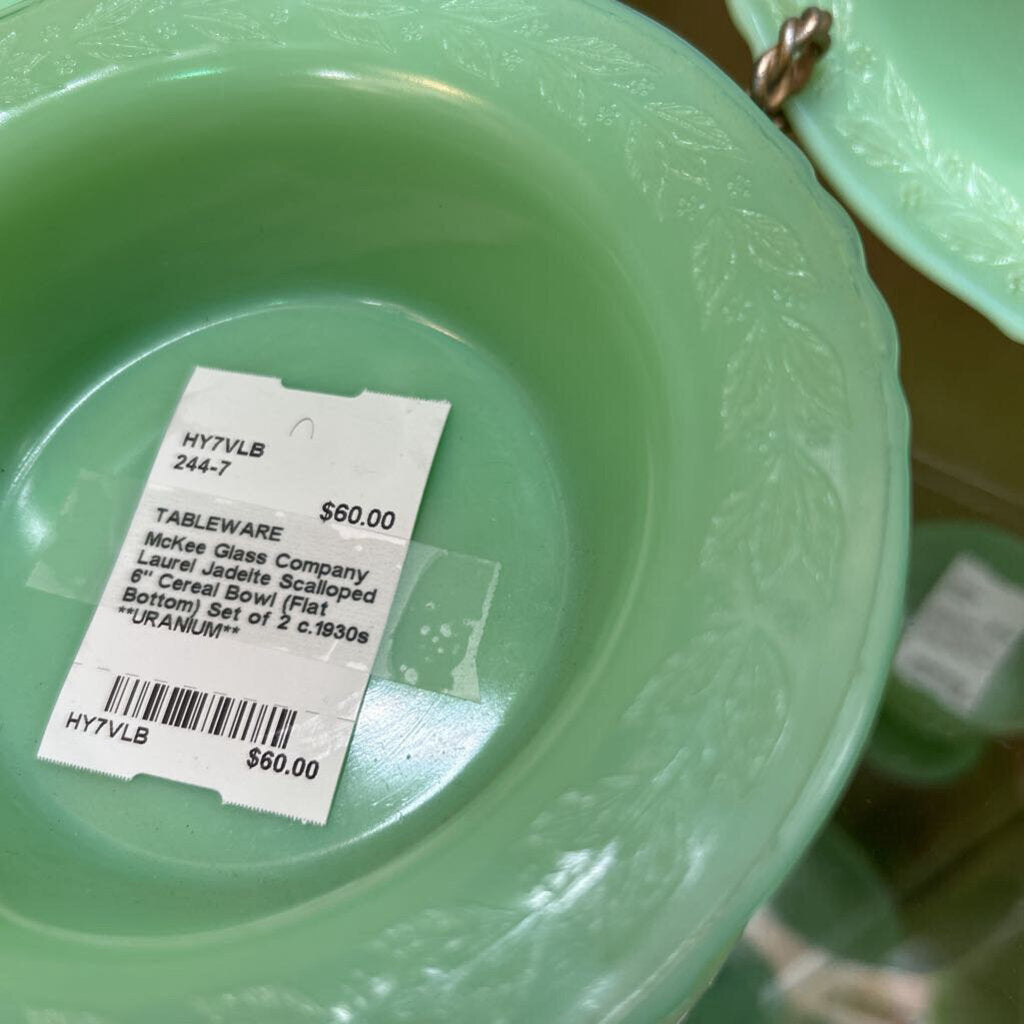 McKee Glass Company Laurel Jadeite Scalloped 6" Cereal Bowl (Flat Bottom) Set of 2 c.1930s **URANIUM**