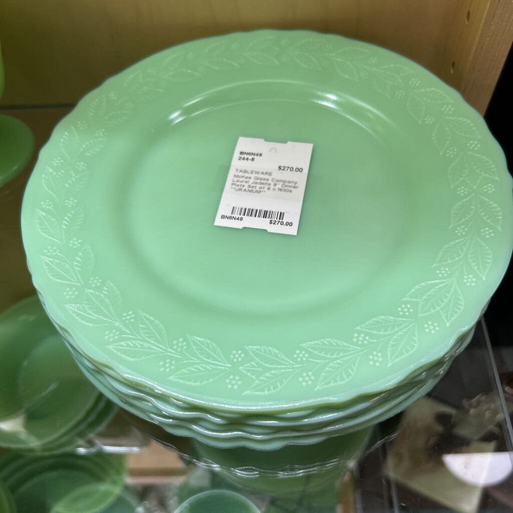 McKee Glass Company Laurel Jadeite 9" Dinner Plate Set of 6 c.1930s **URANIUM**