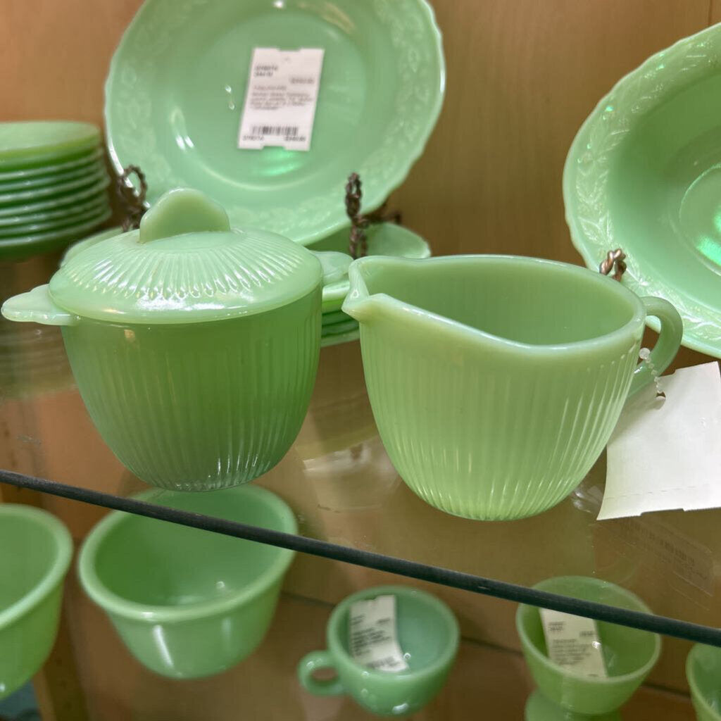 Fire-King Jadeite "Jane Ray" covered sugar/creamer