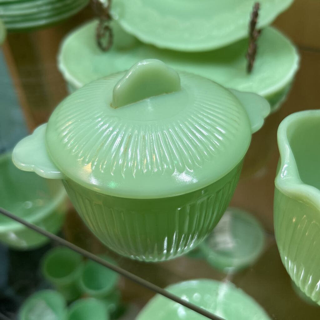 Fire-King Jadeite "Jane Ray" covered sugar/creamer