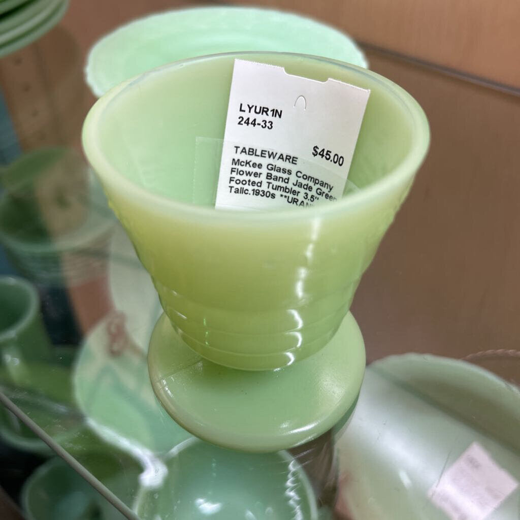 McKee Glass Company Flower Band Jade Green Footed Tumbler 3.5" Tallc.1930s **URANIUM**