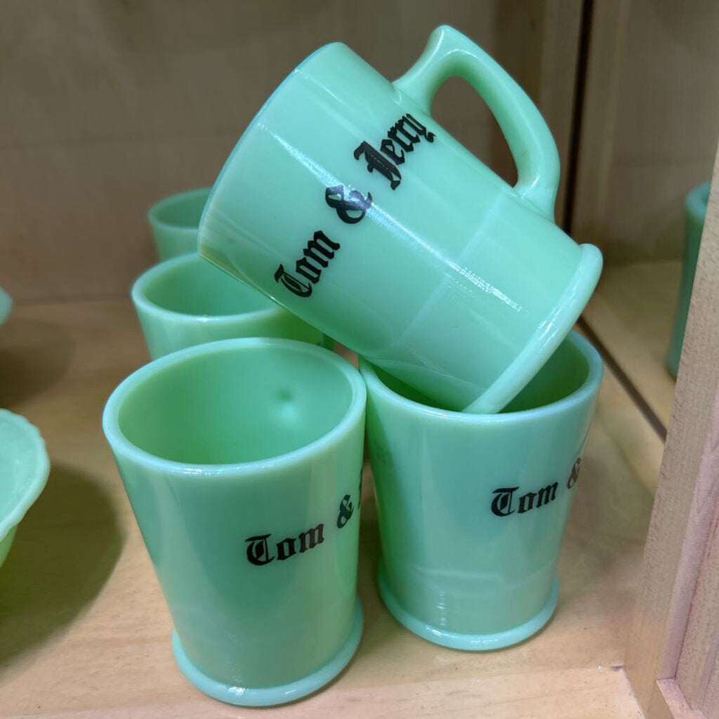McKee Jadeite *URANIUM* x7 'Tom & Jerry' Cups/Mugs. (as is) c.1930s.