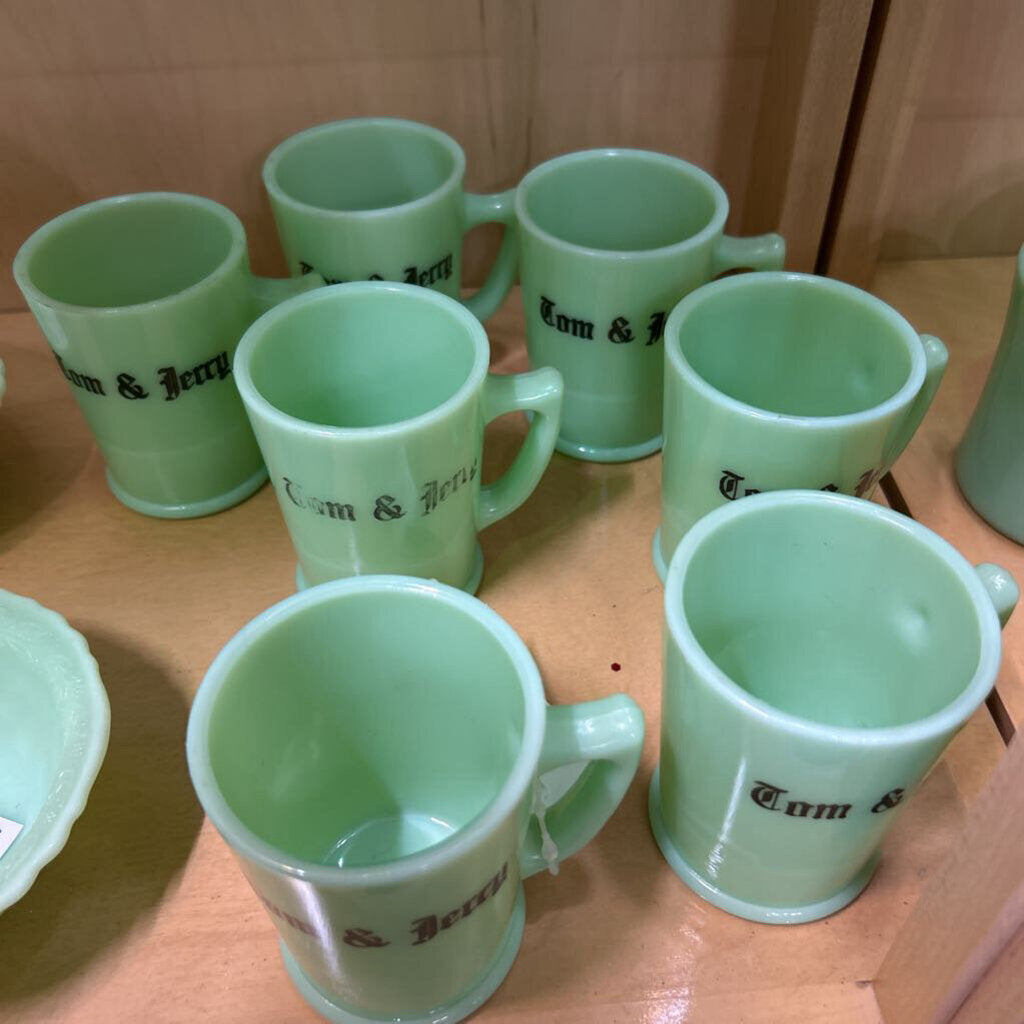 McKee Jadeite *URANIUM* x7 'Tom & Jerry' Cups/Mugs. (as is) c.1930s.