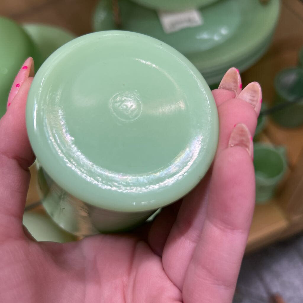 McKee Jadeite *URANIUM* x7 'Tom & Jerry' Cups/Mugs. (as is) c.1930s.