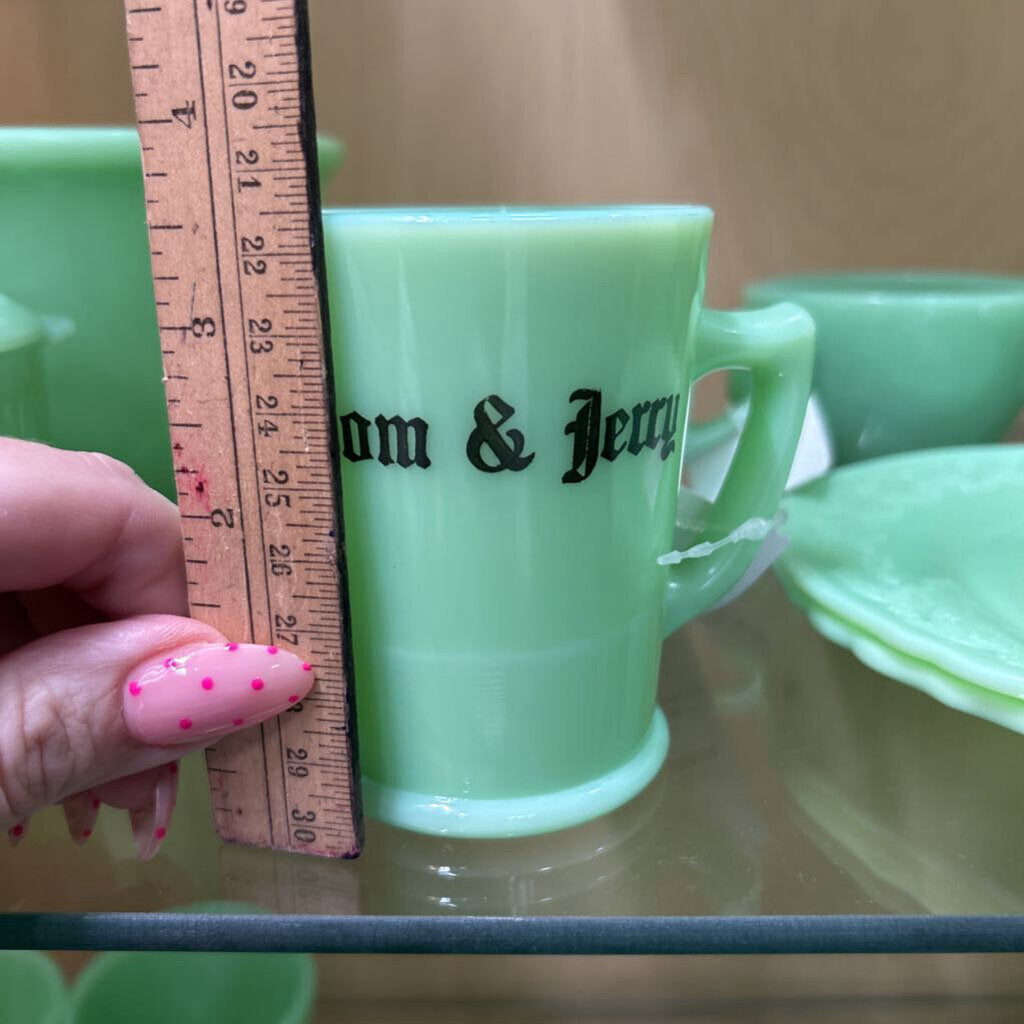 McKee Jadeite *URANIUM* x7 'Tom & Jerry' Cups/Mugs. (as is) c.1930s.