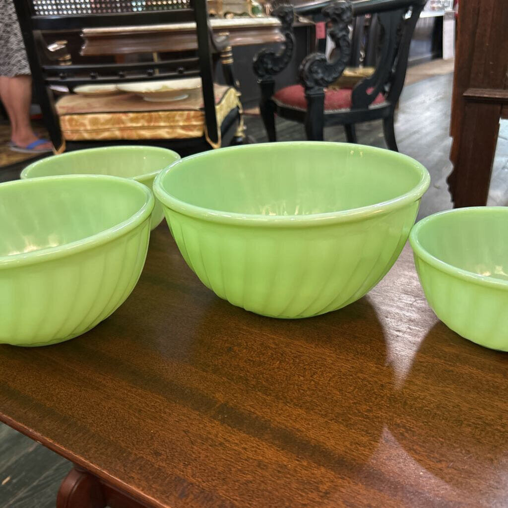 Fire-king Jadeite Swirl 4 PC Nesting/Mixing Bowls 6/7/8/9 Inches, 1951-60.