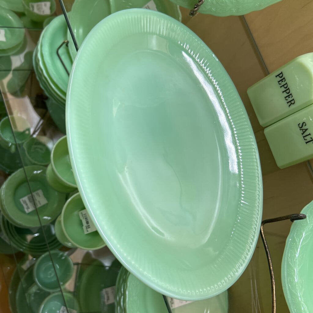 Jadeite Fire King-Glass Serving Platter Ribbed Jane Ray Pattern, 9x12.