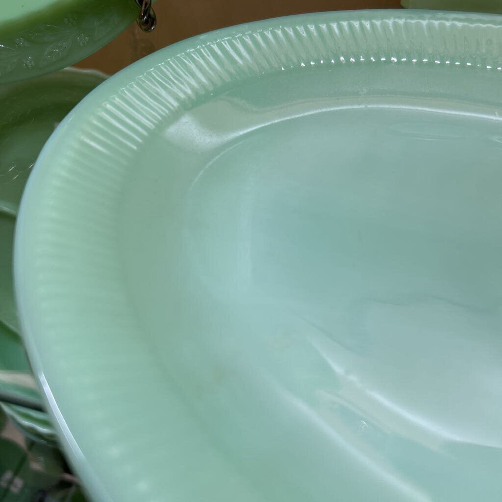 Jadeite Fire King-Glass Serving Platter Ribbed Jane Ray Pattern, 9x12.