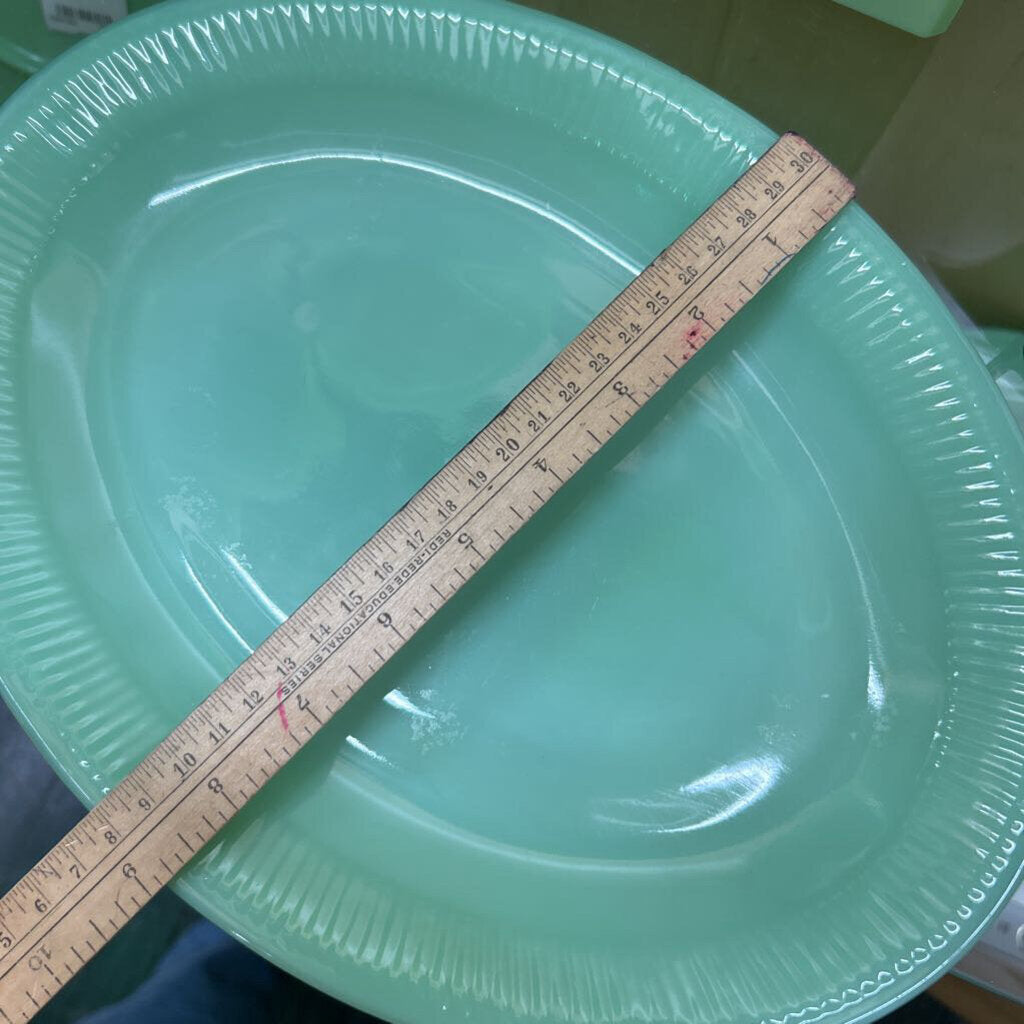 Jadeite Fire King-Glass Serving Platter Ribbed Jane Ray Pattern, 9x12.