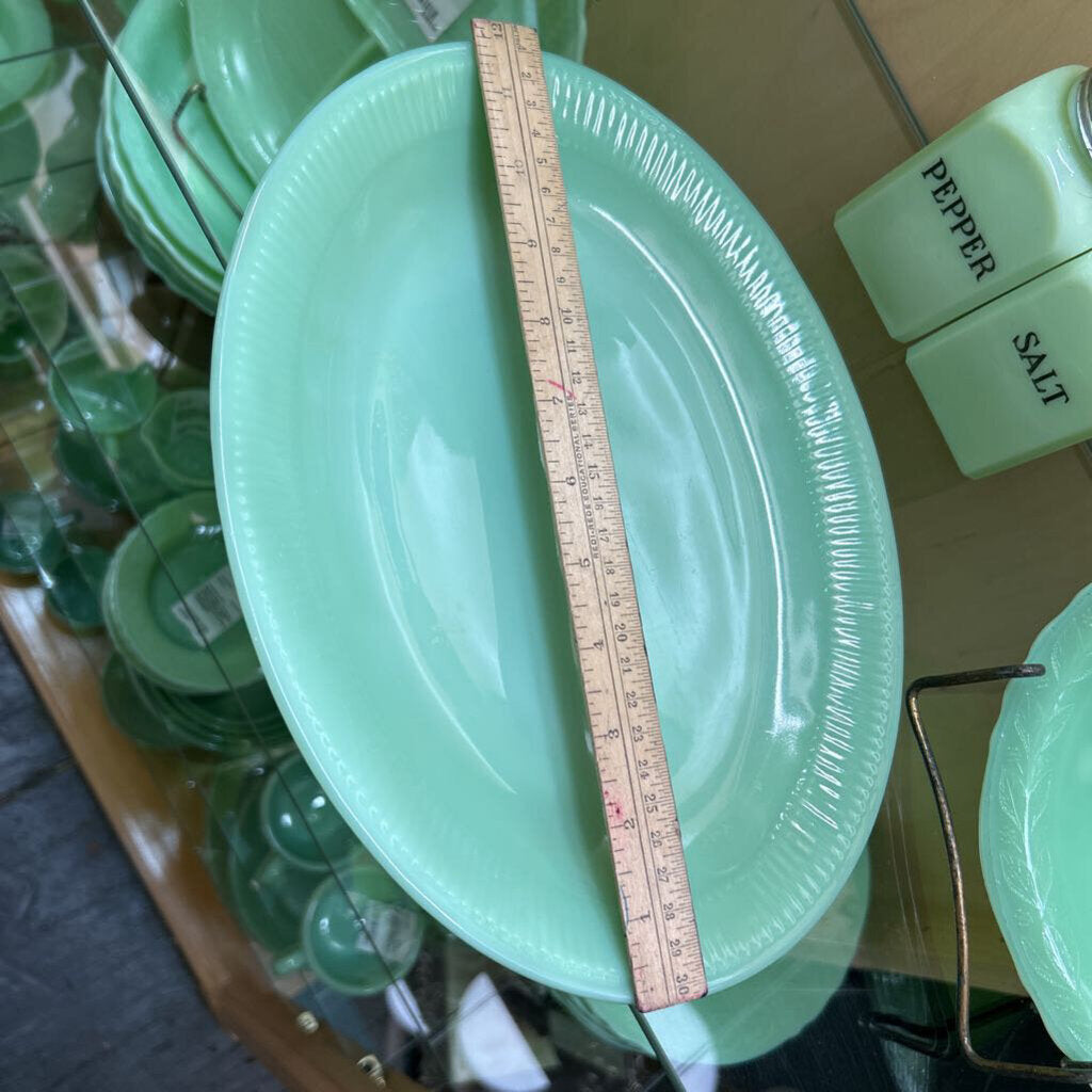 Jadeite Fire King-Glass Serving Platter Ribbed Jane Ray Pattern, 9x12.